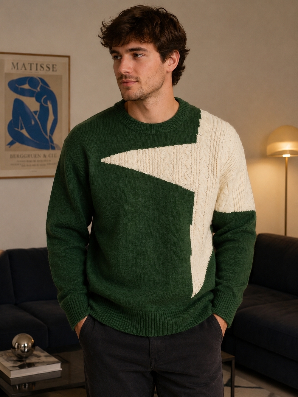 Aelfric Eden Green and Cream Geometric Crewneck Sweater